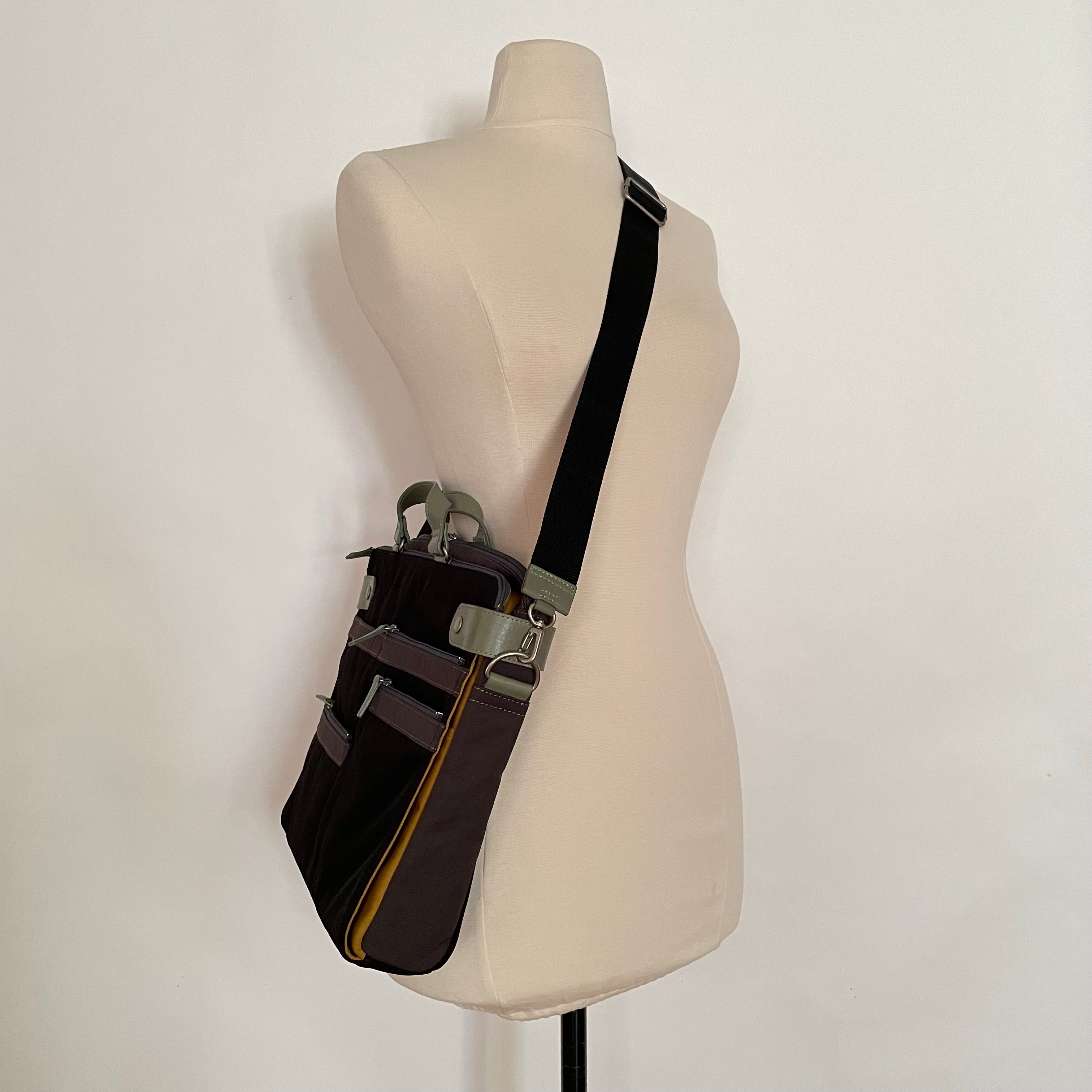 Premium Collection | Nylon x Leather Briefcase with Stripe Stitch Accents | Black x Sage